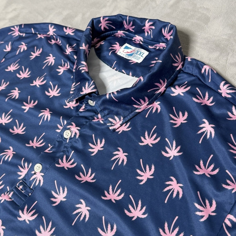 Bermies Men's Performance Polo Sz 2XL Navy Pink Palm Tree Hawaiian Resort Print‎